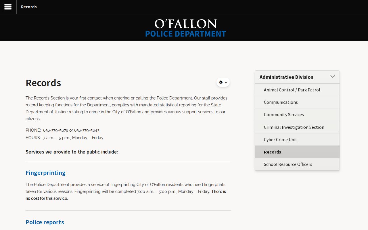 O’Fallon Police Records page for city arrest and booking-record requests